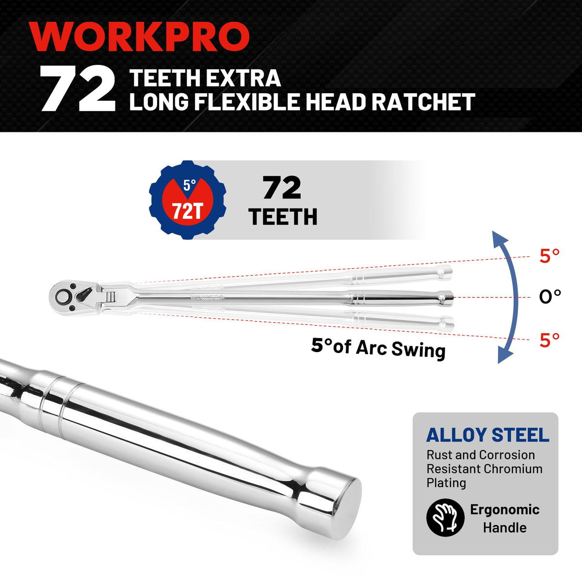WORKPRO 180-degree flexible head in forward and reverse positions.