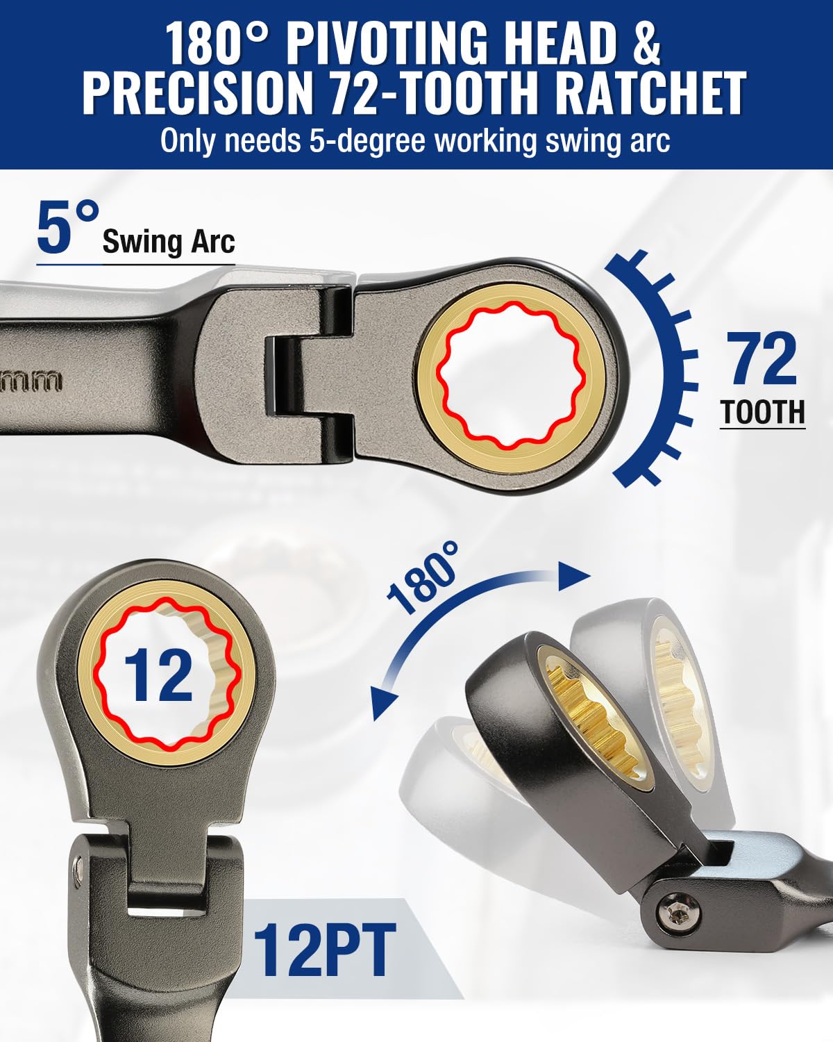 180-degree pivot box-end head allows access to confined spaces.
