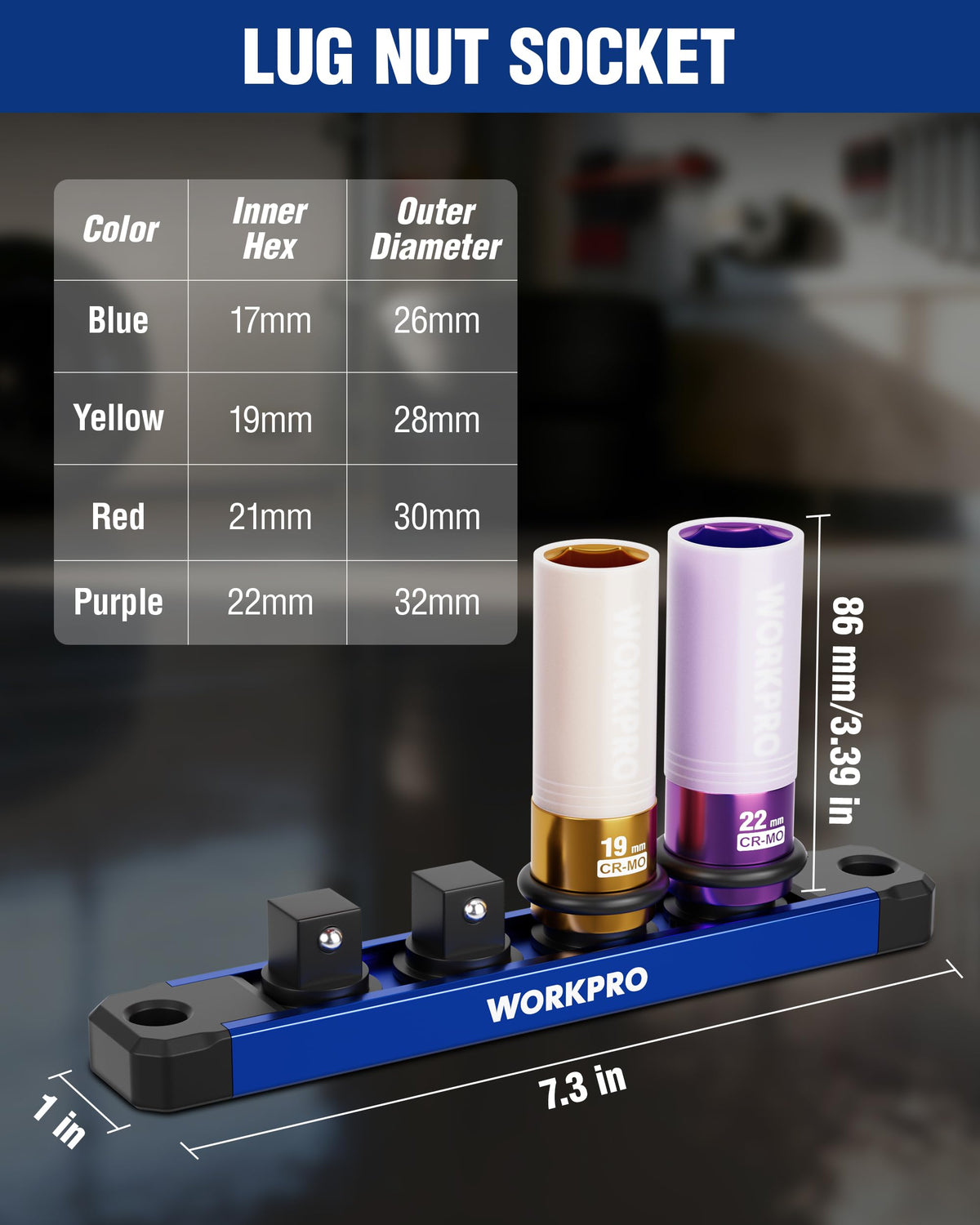 WORKPRO 19mm deep-thin-wall lug nut socket fits standard lug nuts with minimal space