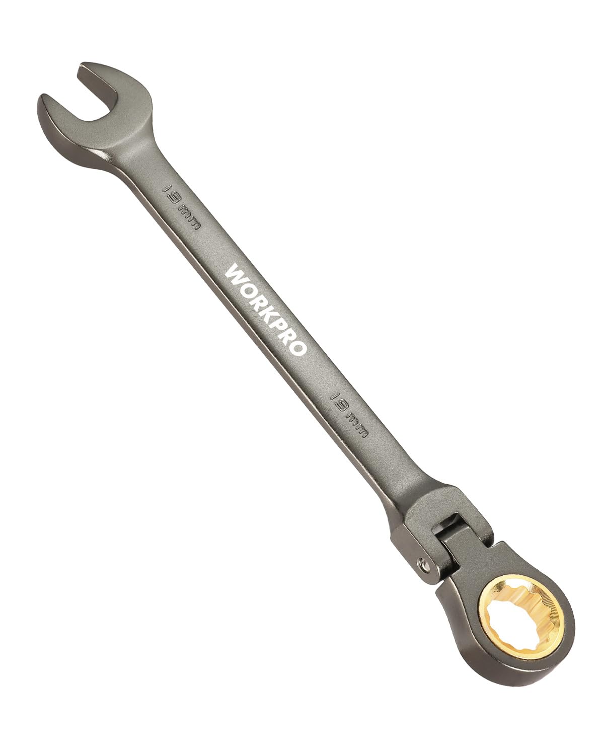 WORKPRO 19 mm flex-head ratcheting wrench enables tight-space access with compact reach.