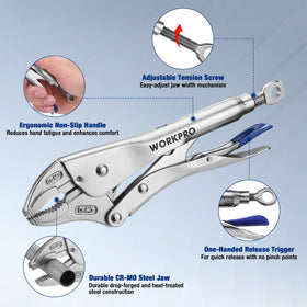 WORKPRO 2-piece locking pliers curved-jaw 10-inch for gripping rounded objects securely.