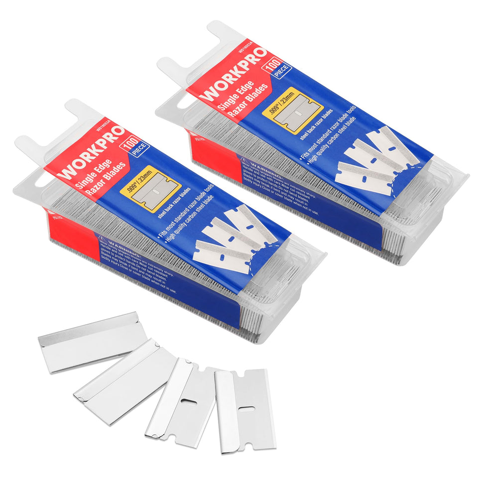 WORKPRO 200-pack single-edge razor blades in a transparent case for safe storage.
