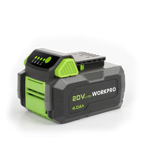 WORKPRO 20V battery pack front view highlights compact design for easier handling.