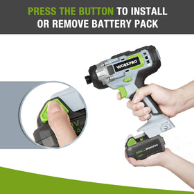 WORKPRO 20V battery pack indicators show charge level at a glance.