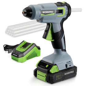 WORKPRO 20V cordless hot melt glue gun kit ready for DIY and quick repairs.
