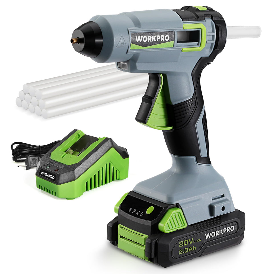 WORKPRO 20V cordless hot melt glue gun kit ready for DIY and quick repairs.