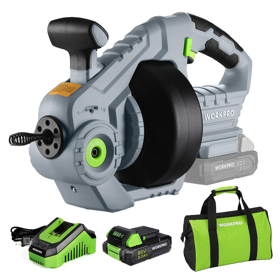 WORKPRO 20V drain auger cordless operation, showing portable clog removal capability.