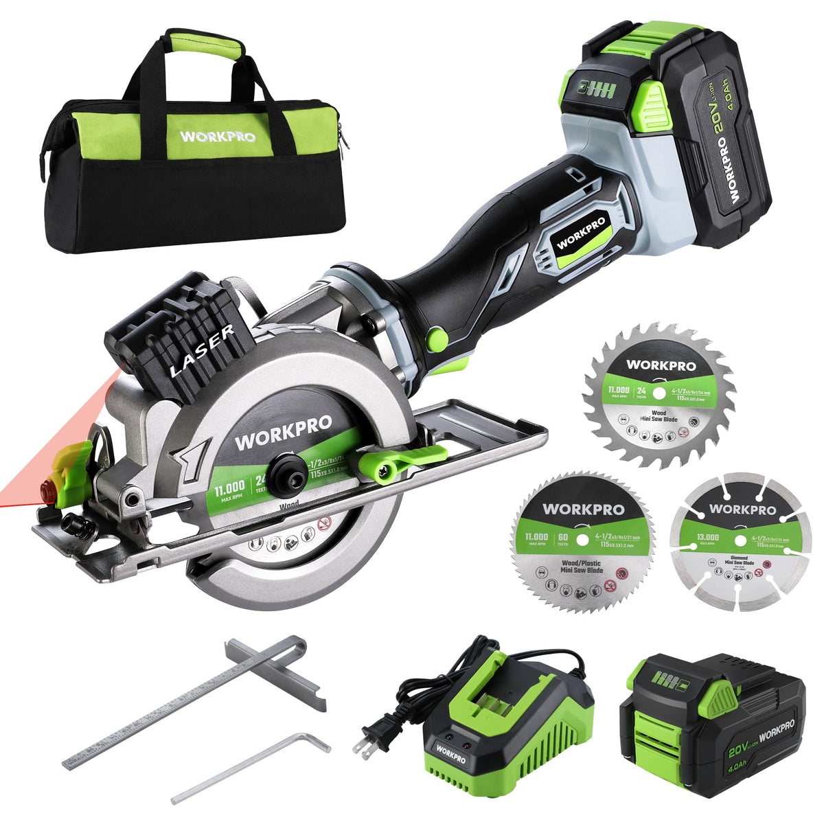 WORKPRO 20V mini circular saw with laser guide for precise cuts on wood