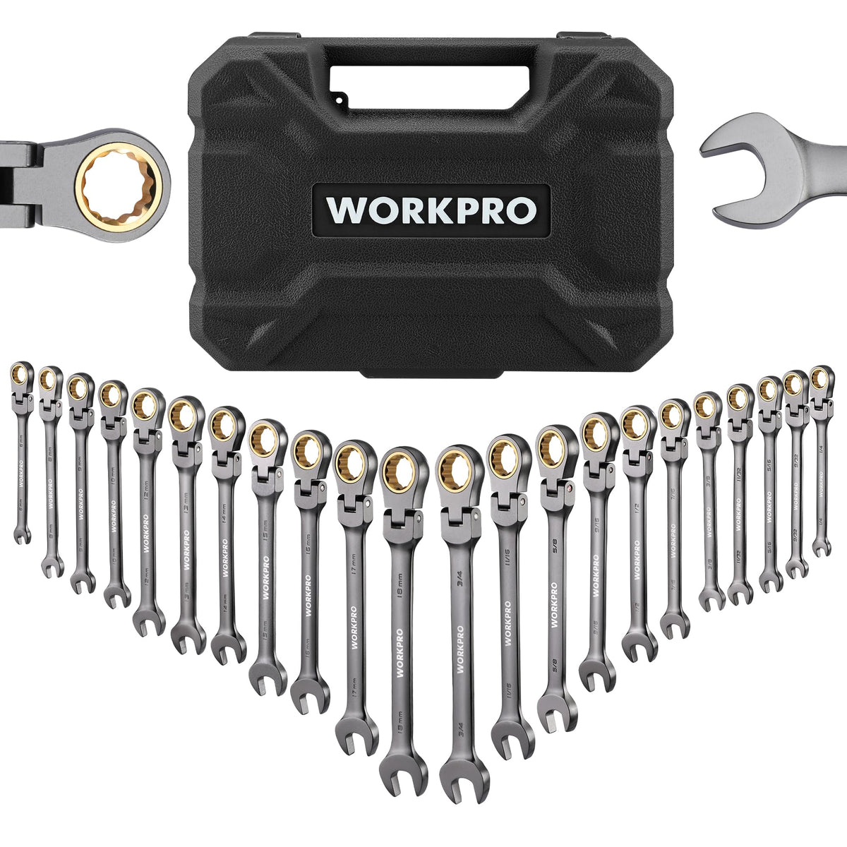 WORKPRO 22-piece flex-head wrench set in case, versatile for tight spaces
