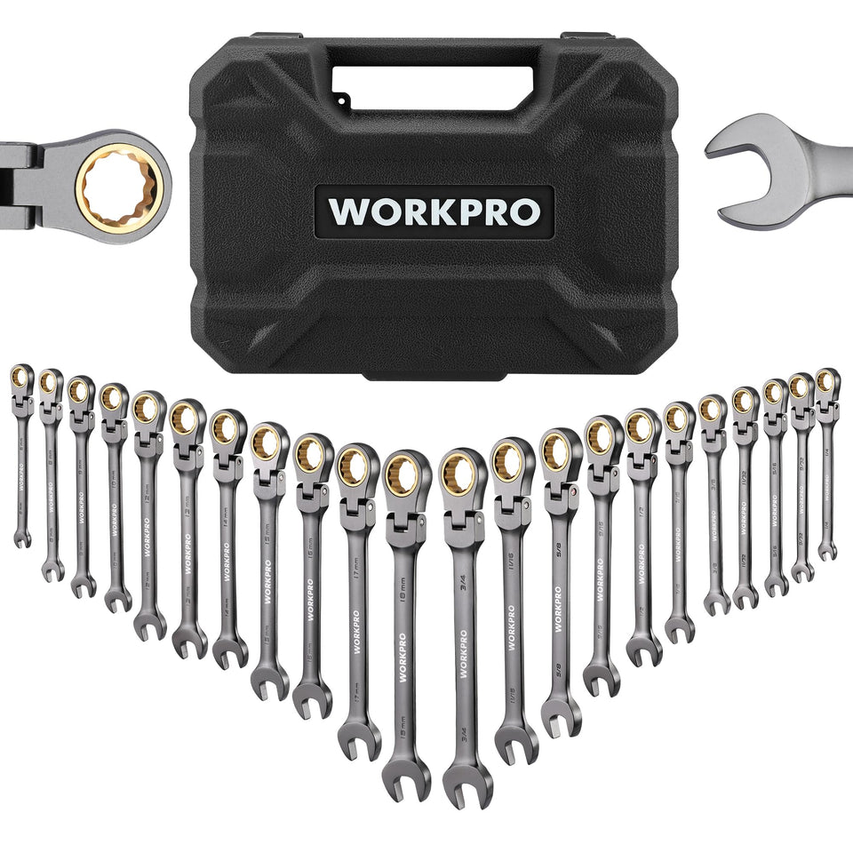 WORKPRO 22-piece flex-head wrench set in case, versatile for tight spaces