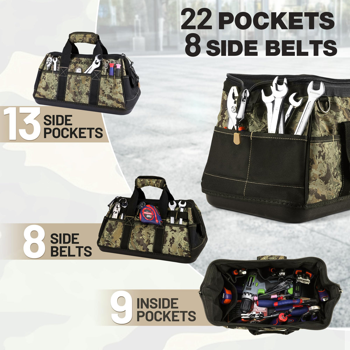 WORKPRO bag showing 22 pockets and 8 external belts for organized gear.