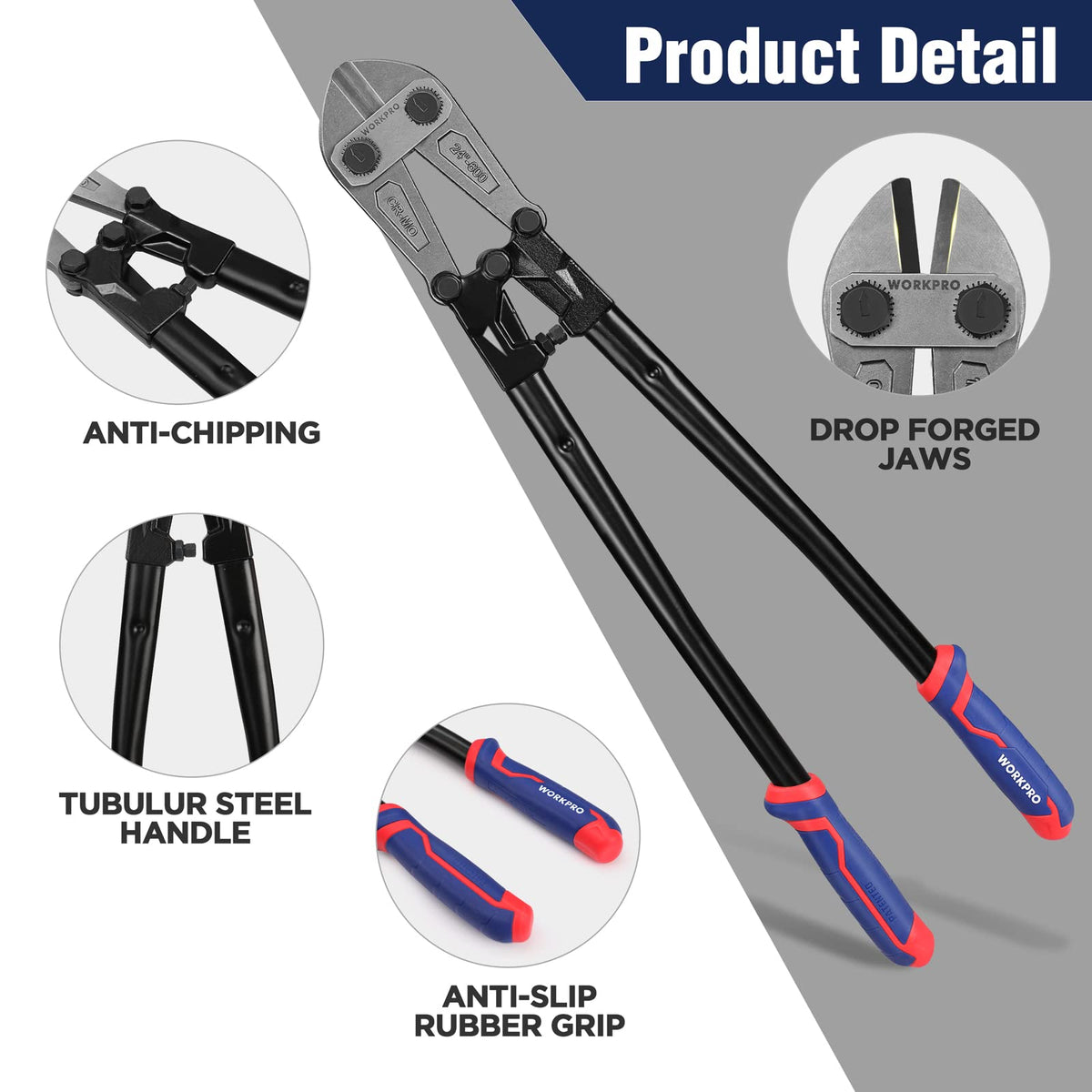 WORKPRO bolt cutter grips provide non-slip comfort for precise, fatigue-free cuts.