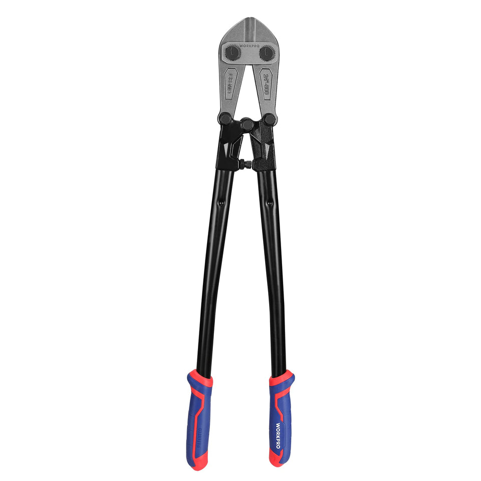WORKPRO 24-inch bolt cutter with durable jaws powering through metal chains.