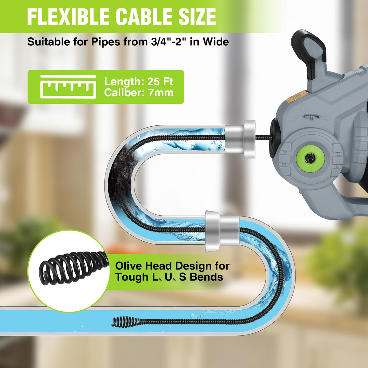 WORKPRO 25ft cable with olive head reaching deep clogs in tight pipes.