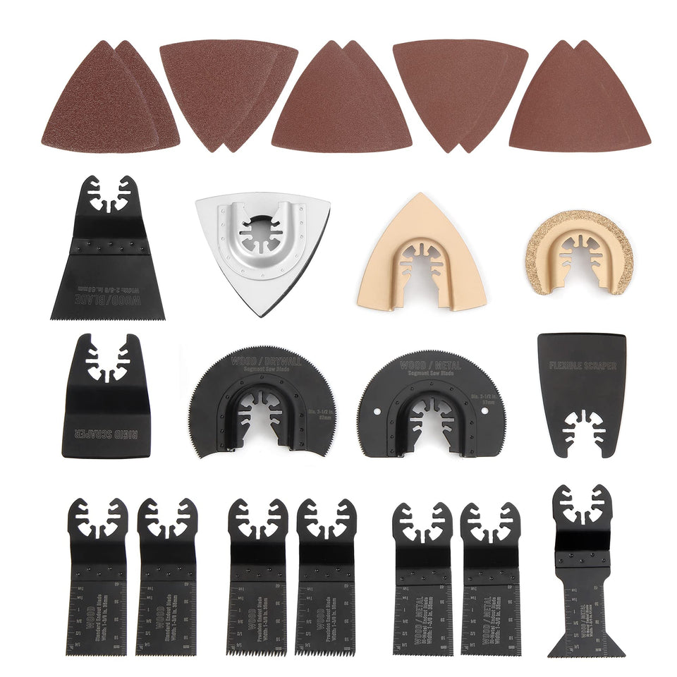 WORKPRO 25-piece oscillating kit with wood and metal blades for precise cuts.