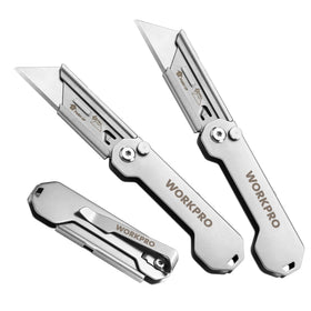 WORKPRO 3-pack folding knife close-up highlights compact portability and pocket-ready design.
