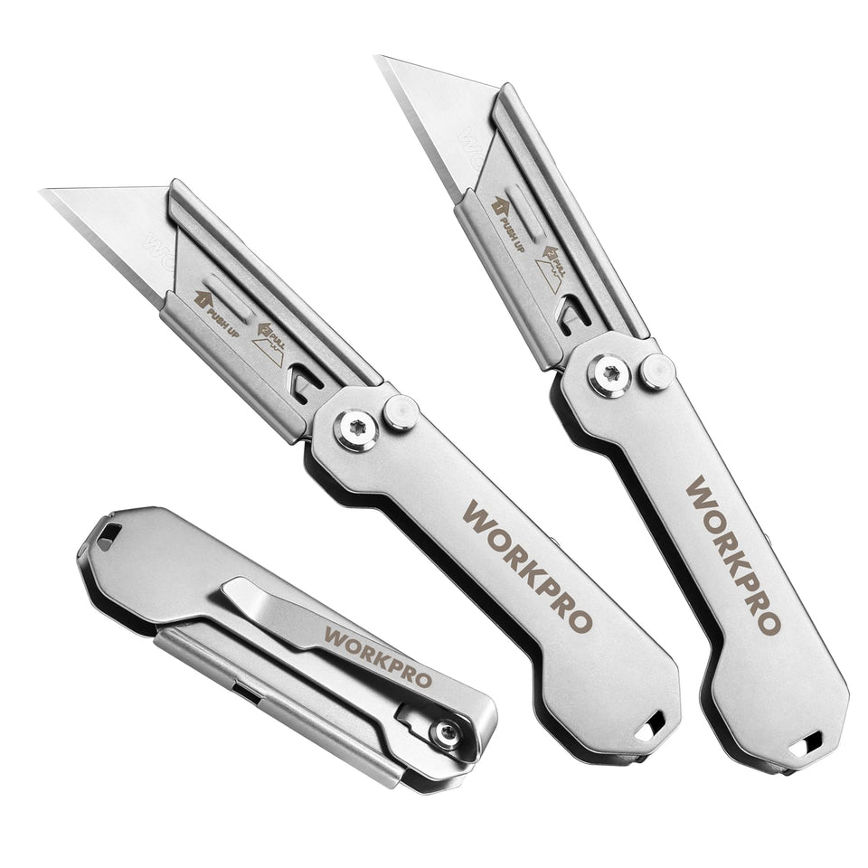 WORKPRO 3-pack folding knife close-up highlights compact portability and pocket-ready design.