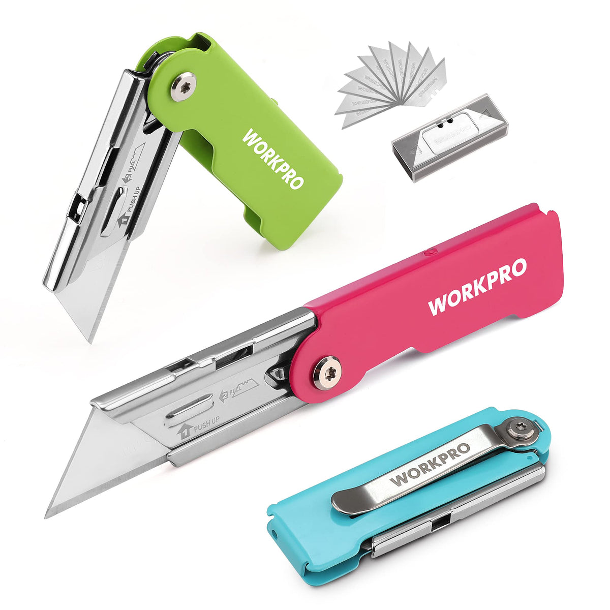 WORKPRO folding utility knife trio with belt clip for quick access at work.