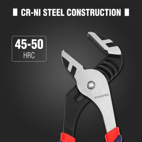 WORKPRO 10-inch groove joint plier offers strong grip for nuts and bolts in DIY projects.