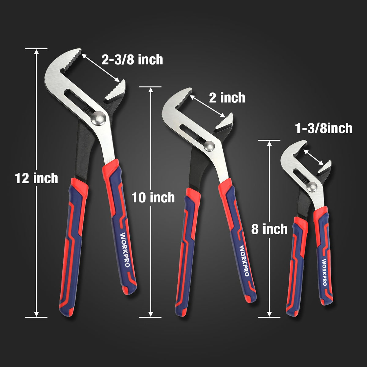 WORKPRO 8-inch groove joint plier provides precise reach for fittings and small fasteners.