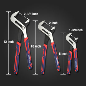 WORKPRO 8-inch groove joint plier provides precise reach for fittings and small fasteners.