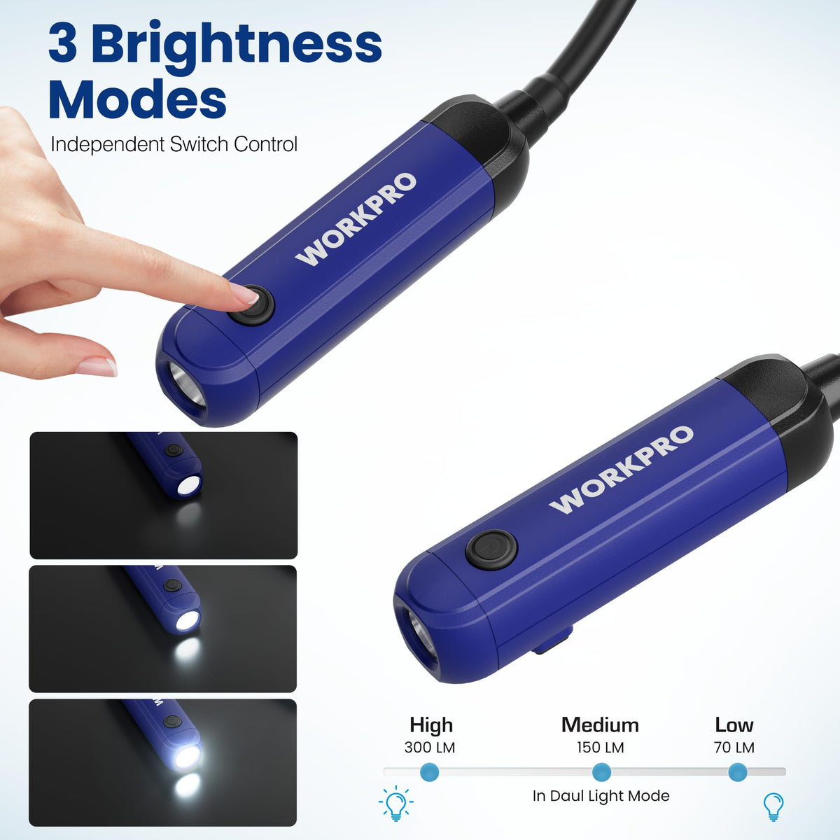 WORKPRO 300 lumens illuminate work areas clearly outdoors.