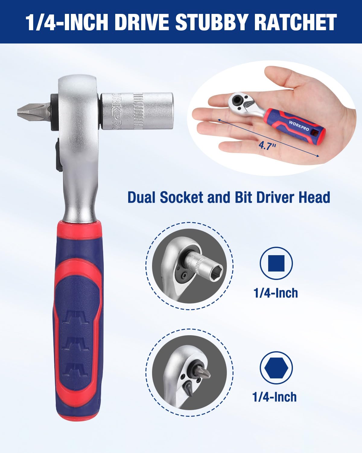 WORKPRO 72-tooth ratchet delivers smooth operation in small spaces.