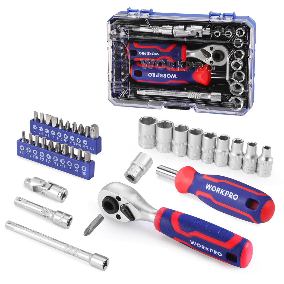 WORKPRO 34-piece one-fourth drive mini socket set in compact case.