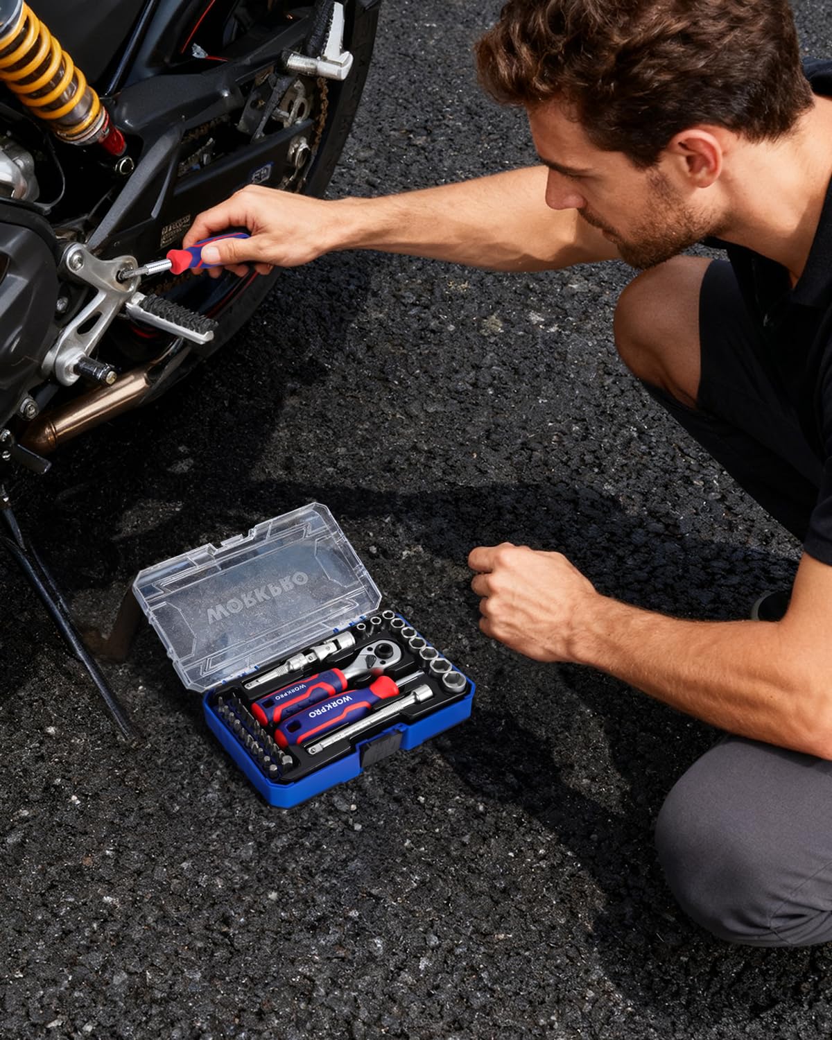 WORKPRO universal joint and extension bars extend reach in tight spaces.