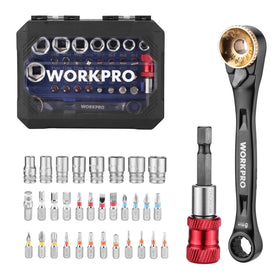 WORKPRO 34-piece mini ratchet set case showing portable organization for on-the-go repairs