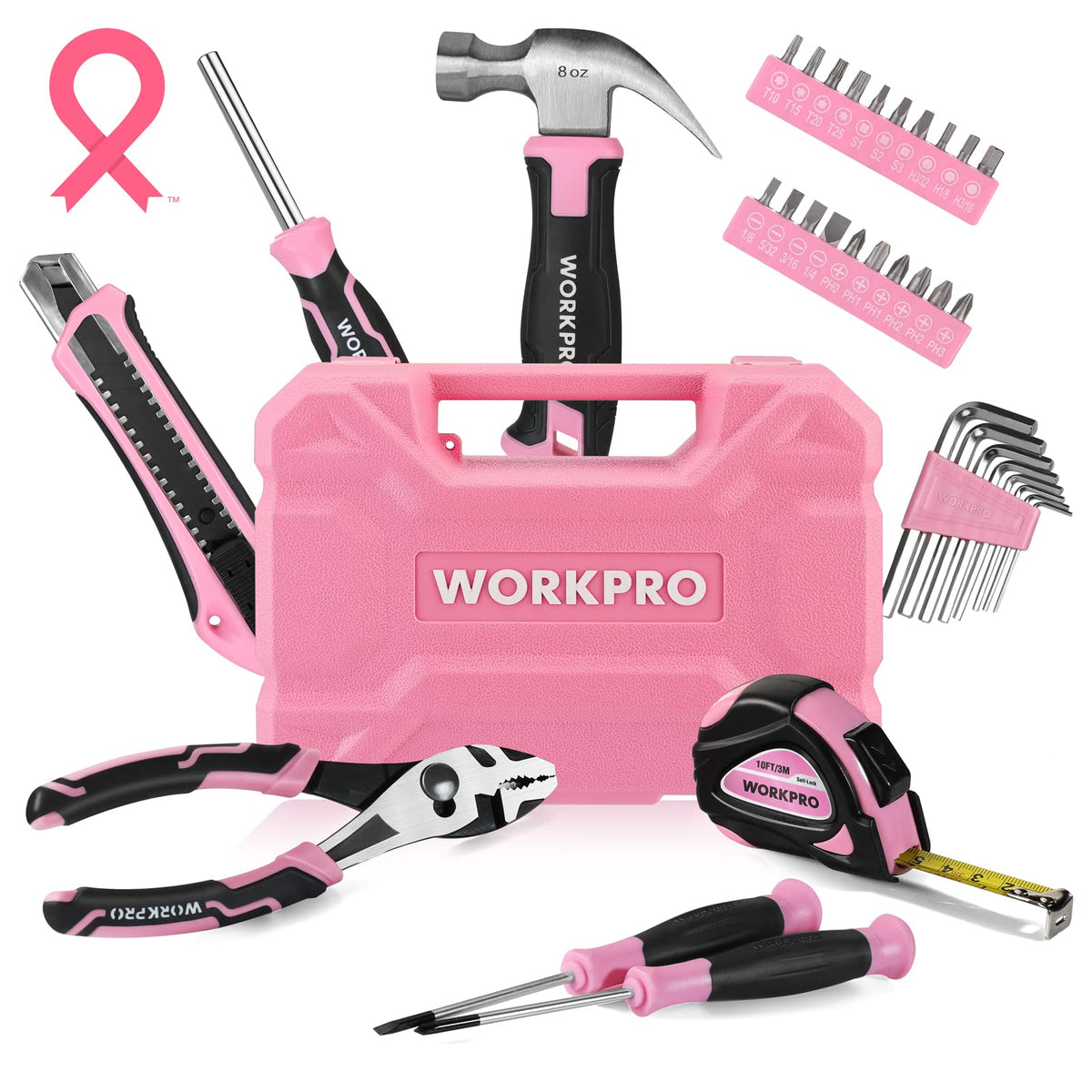 WORKPRO 35-piece pink tools set front view for home projects
