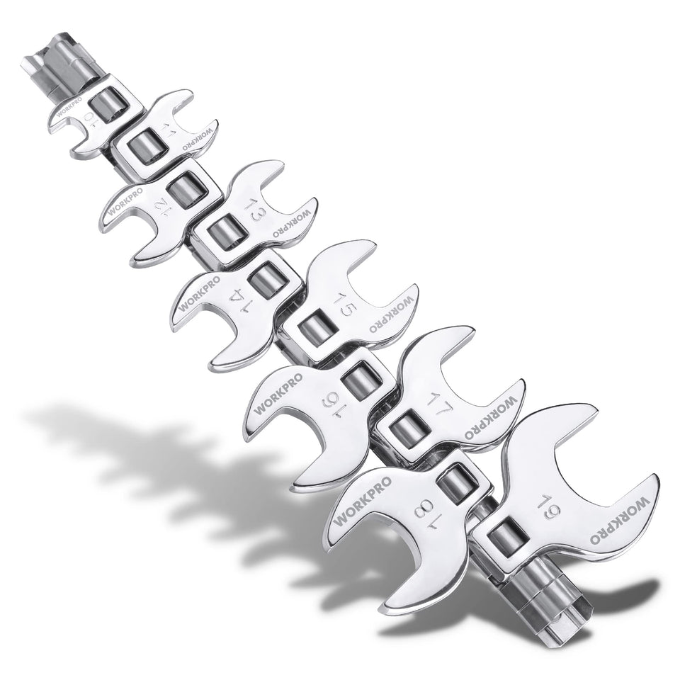 WorkPro 3/8-drive crowfoot wrench set with organizer for quick, organized automotive work.