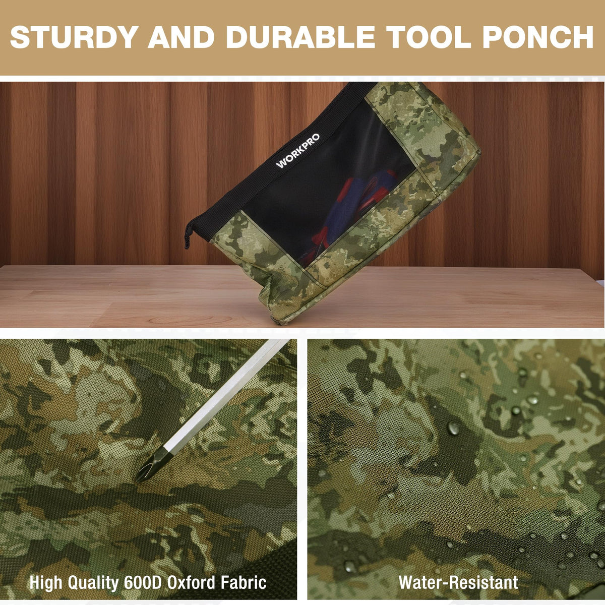 WORKPRO 3-pack camouflage pouches with sturdy stitching for versatile storage.