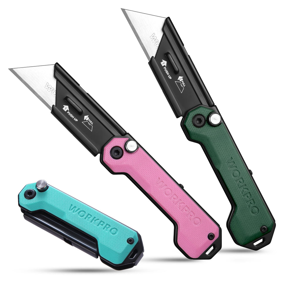 WORKPRO 3-pack folding knife with belt clip, ready for on-the-go tasks