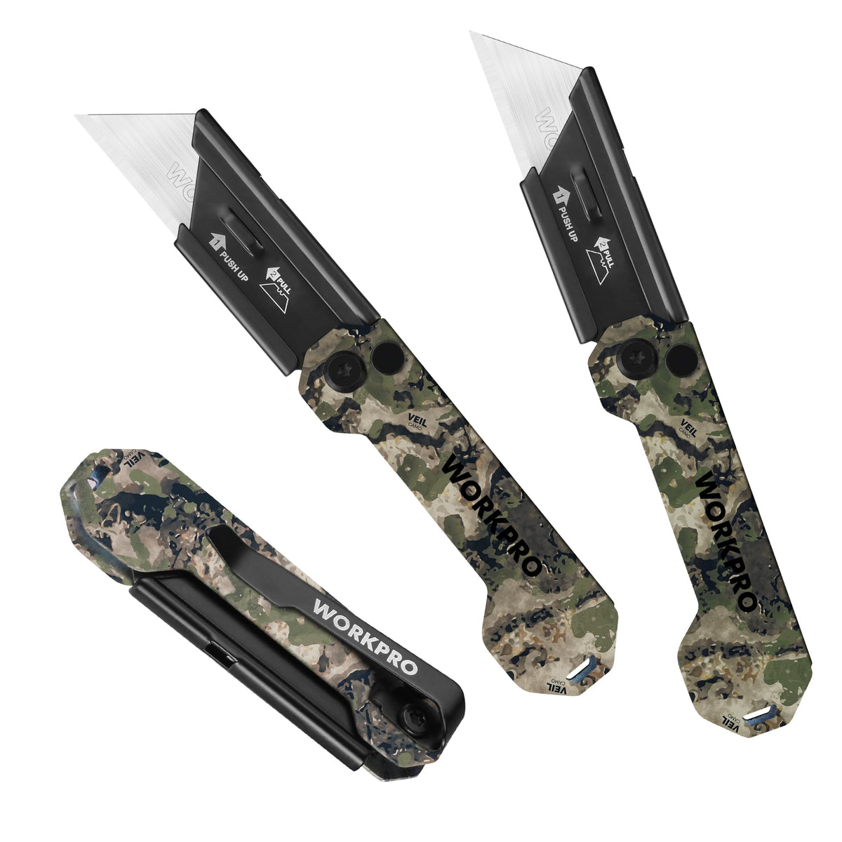 WORKPRO 3-pack camo folding knife closed for pocket carry and quick access.