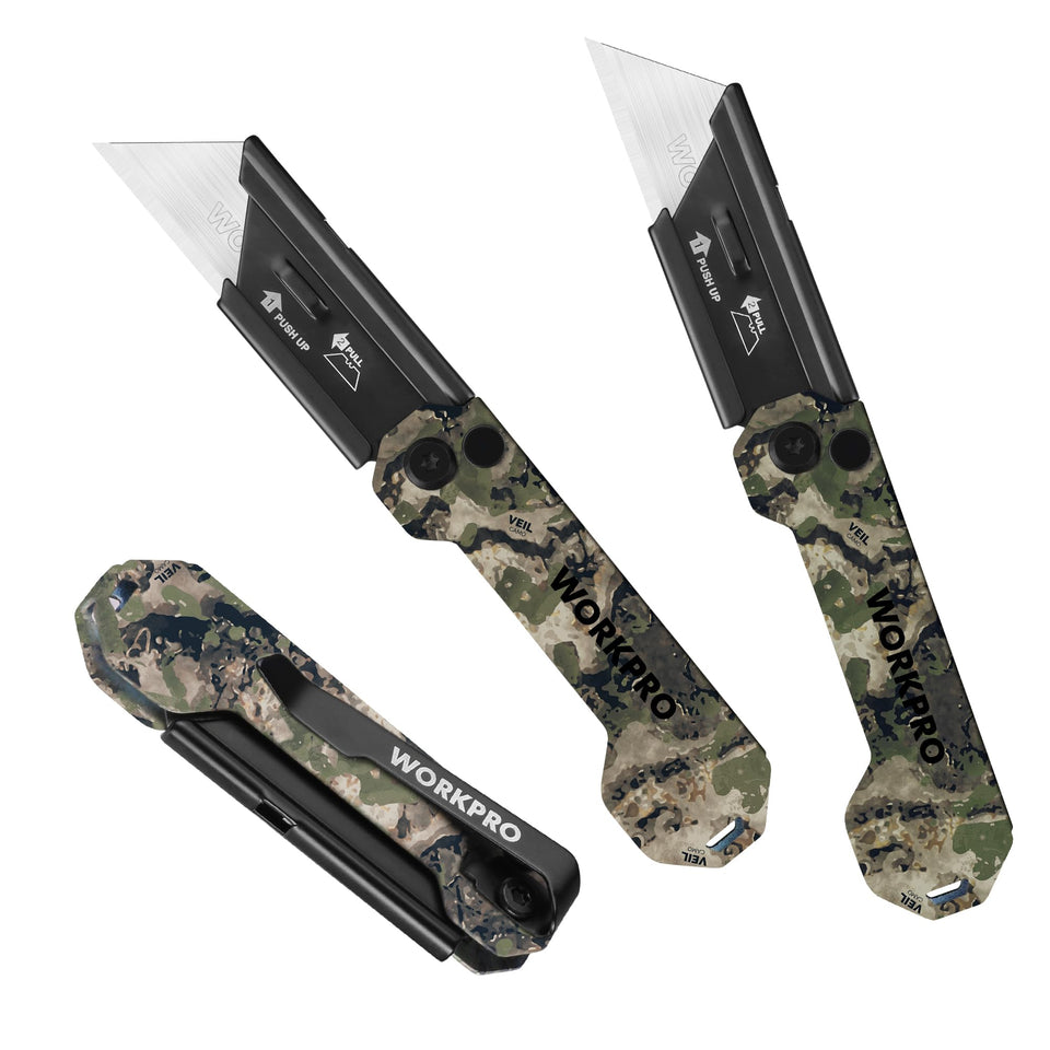 WORKPRO 3-pack camo folding knife closed for pocket carry and quick access.