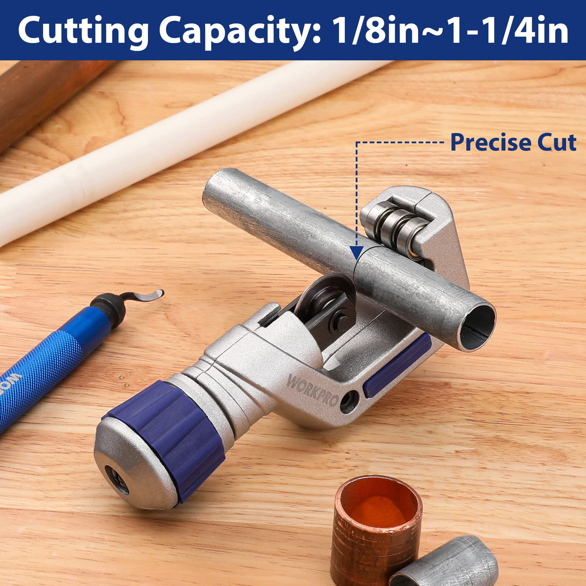 WORKPRO 3PC tubing cutter set ball-bearing-rollers reduce friction for faster, smoother cuts.