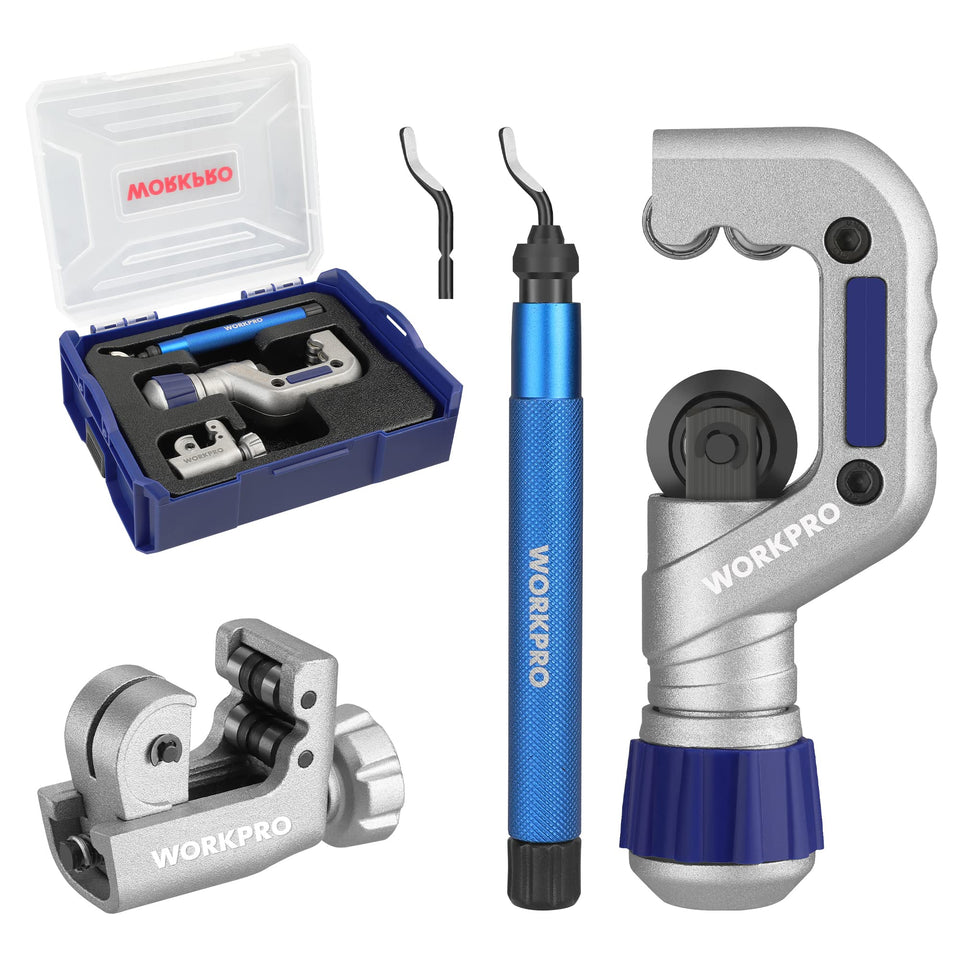 WORKPRO 3PC tubing cutter set cutting-capacity demonstrates precise copper and aluminum pipe cuts.