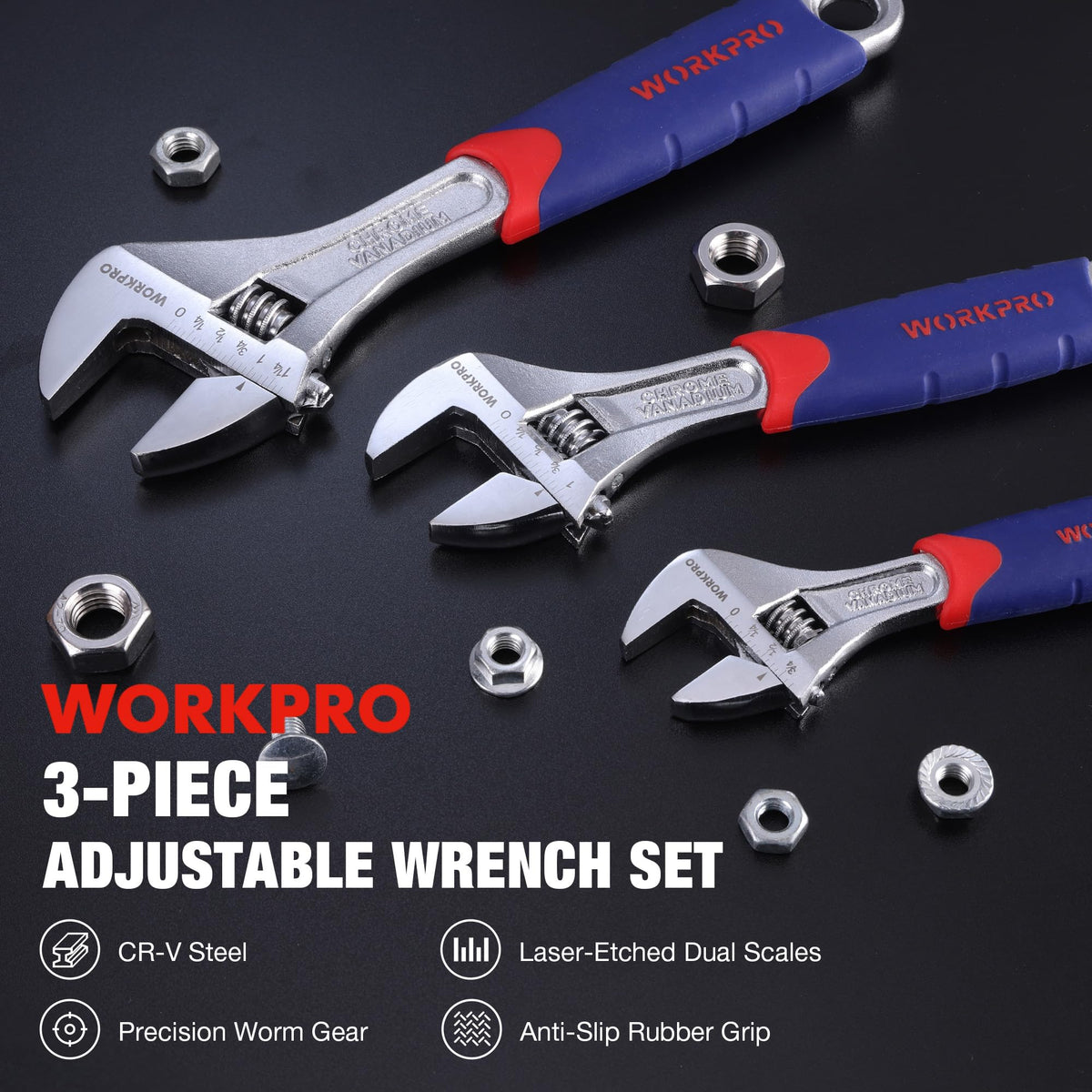WORKPRO 3-piece adjustable wrench set with 8-inch focus for mid-sized repairs.