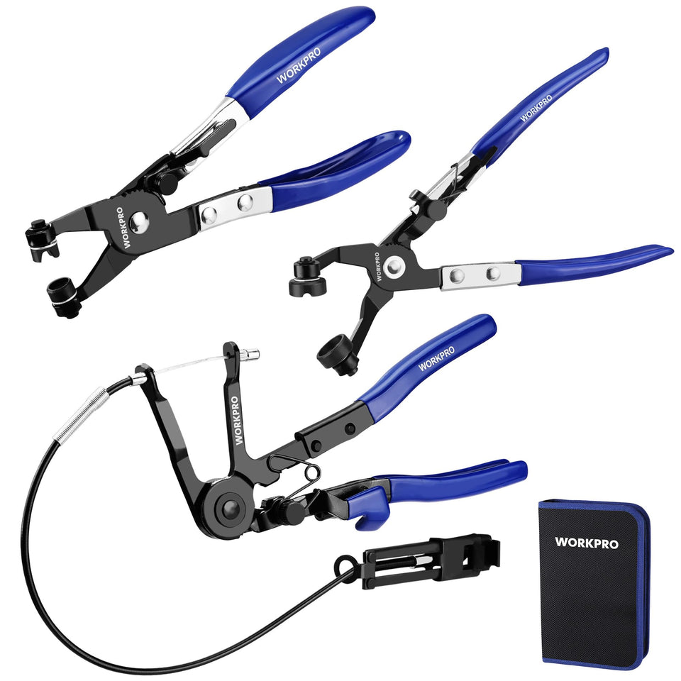 WORKPRO 3-Piece Hose Clamp Pliers Set with Pouch for easy removal in tight spaces.