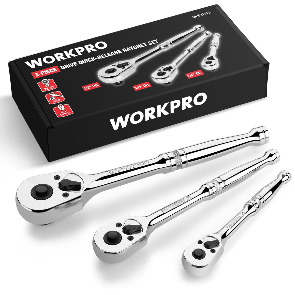 WorkPro 3-piece ratchet set with quick-release; convenient in tight spots.