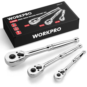 WorkPro 3-piece ratchet set with quick-release; convenient in tight spots.