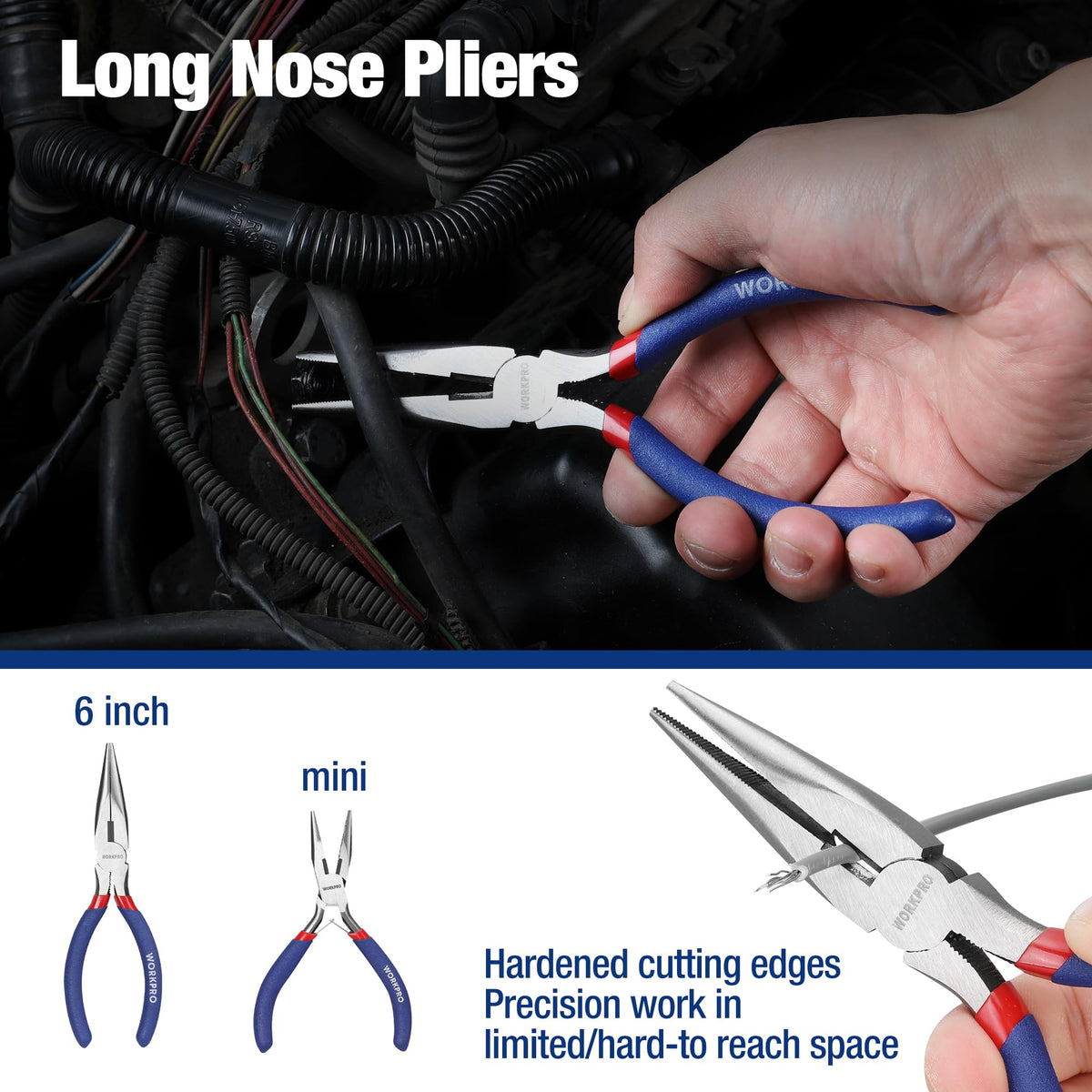 WORKPRO 4-1/2-inch long-nose pliers close-up for detailed trimming