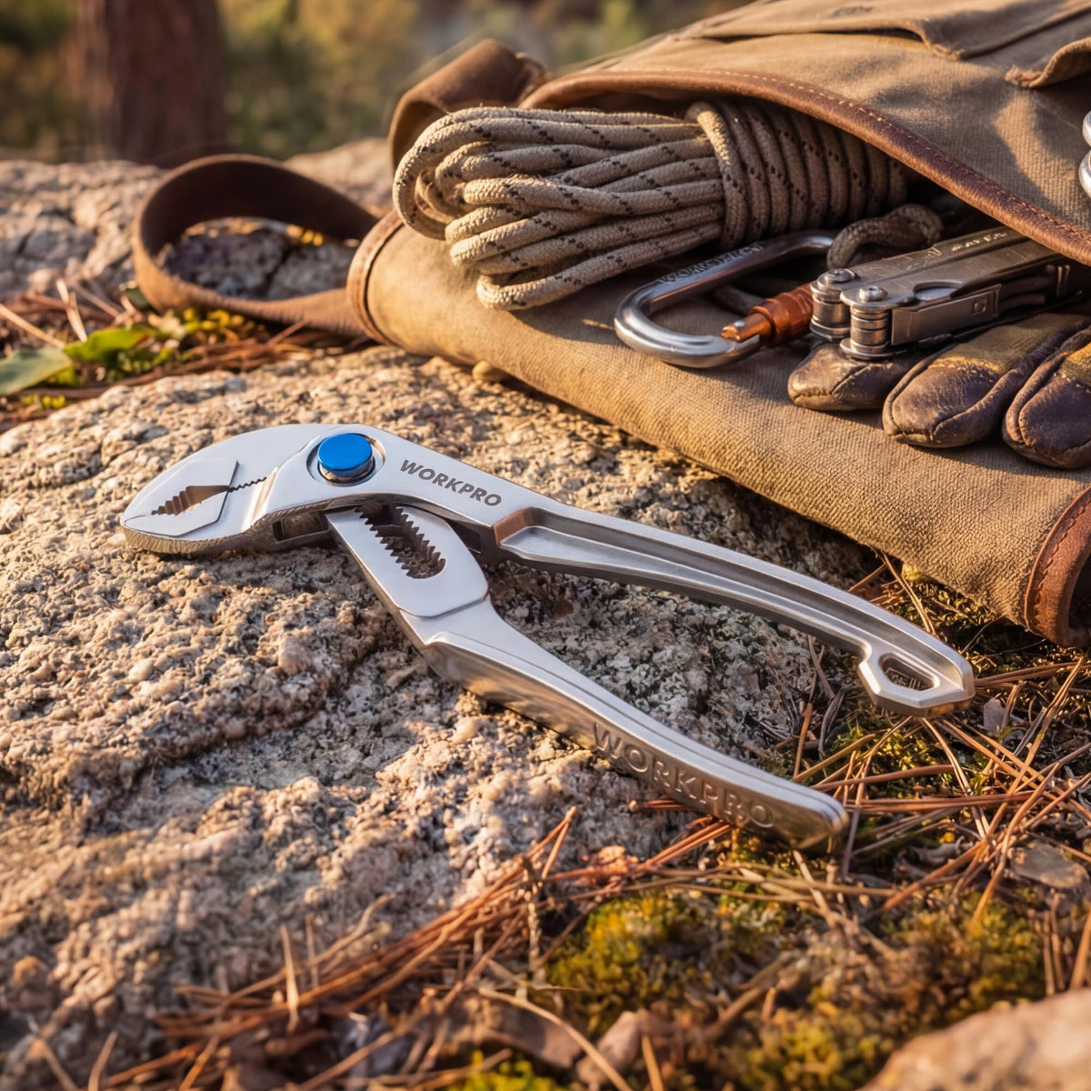 WORKPRO 4-inch pliers with quick push-lock adjustment for fast, secure size changes.