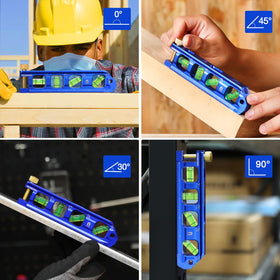 WORKPRO 4 vials show 0°, 90°, 45°, 30° with bright liquid for quick checks.