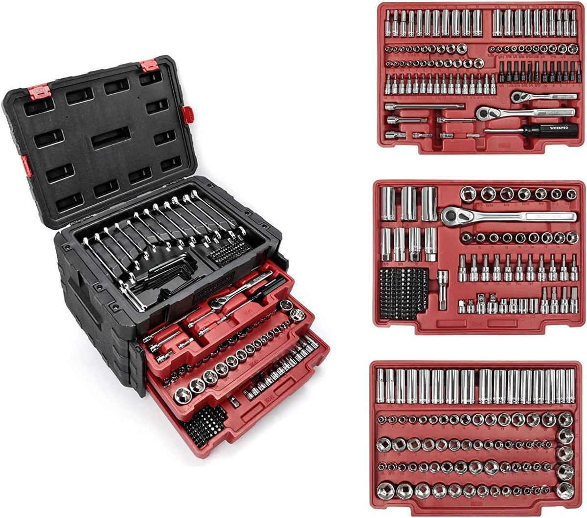 WORKPRO 450-piece socket set case open for auto repair and home maintenance.