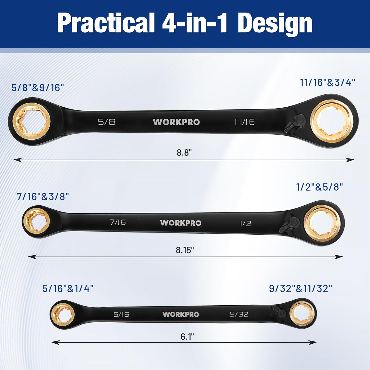 WorkPro 4-in-1 set close-up 72-tooth mechanism enables quick turning