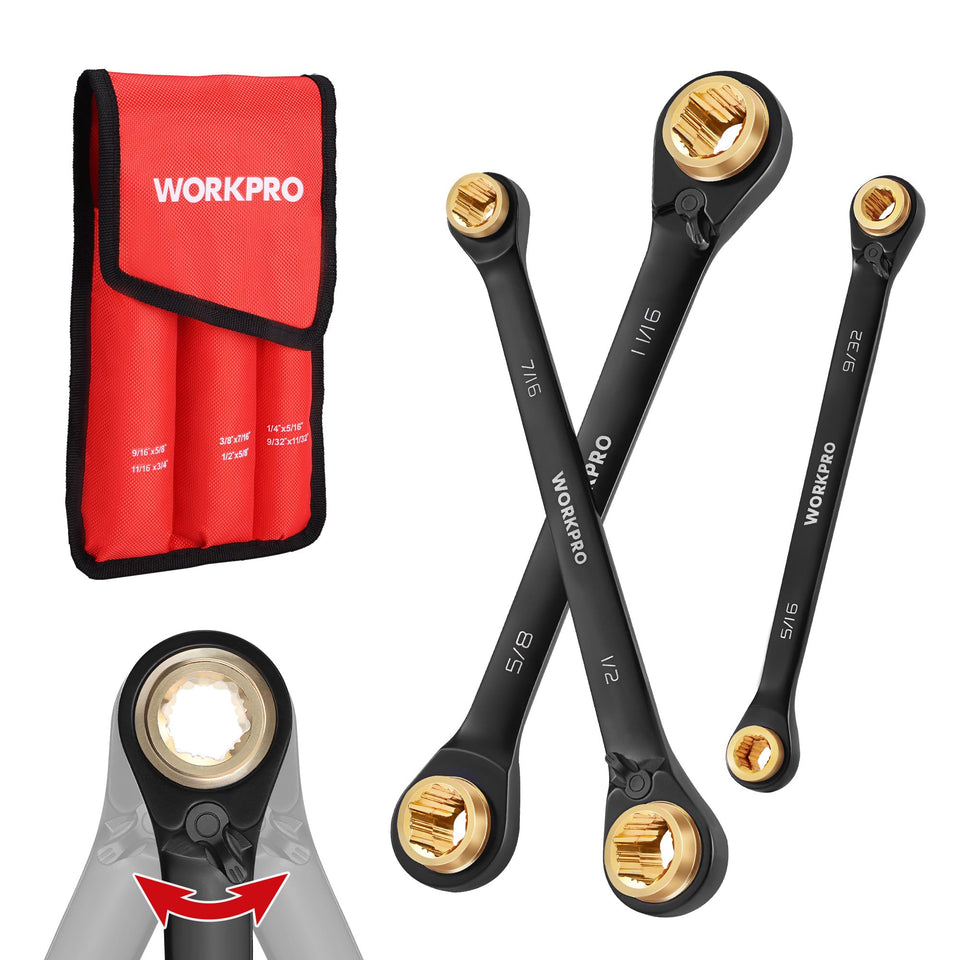 WorkPro 4-in-1 ratcheting wrench set front view for versatile on-the-go repairs