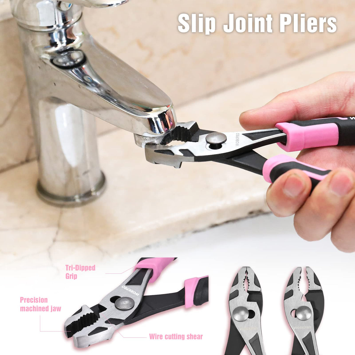 WORKPRO triangular-material handle detail on pliers for comfortable use