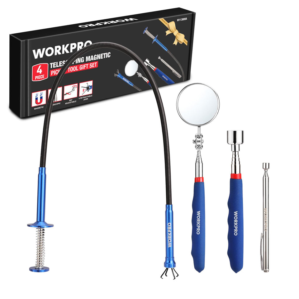 WORKPRO 4pc telescoping tool kit package showing full set for versatile reach and grip